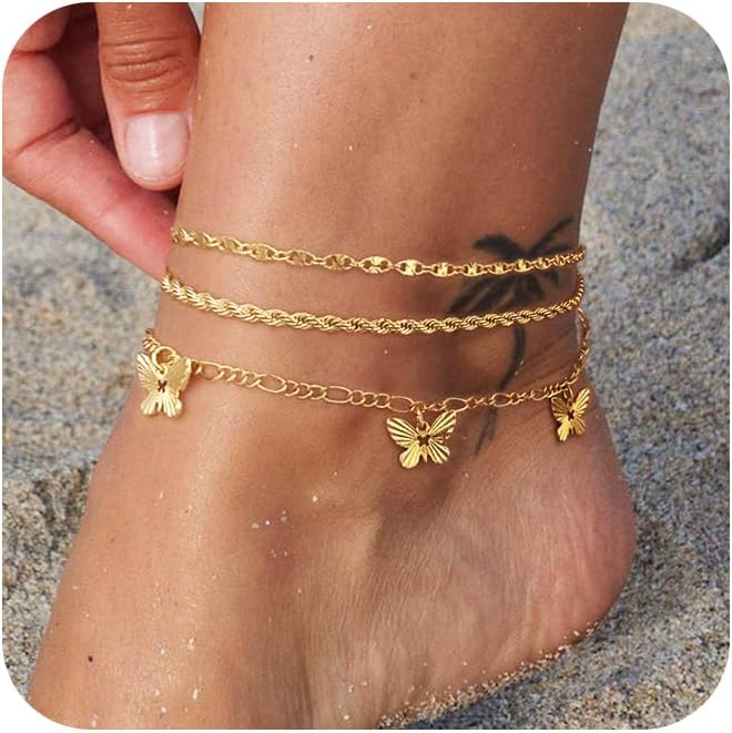 MFRYK Gold Ankle Bracelets for women,14k Gold/Silver Plated Waterproof Layered lightweight Cuban Link Figaro Chain Heart anklet butterfly anklet Pearl Ankle Bracelets Set Gold Anklets for women Trendy Jewelry Gift for Women - Image 1